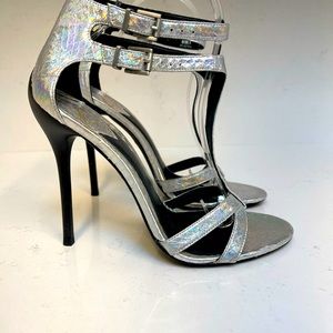 Brian Atwood silver, sexy, strappy stilettos